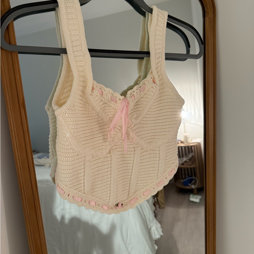 Oliviaceous: Cream Knit Crop Top with Pink Accents